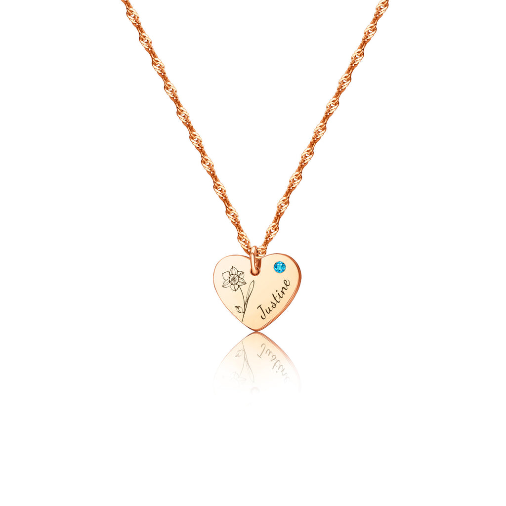 Flower and Name Birthstone Heart Necklace