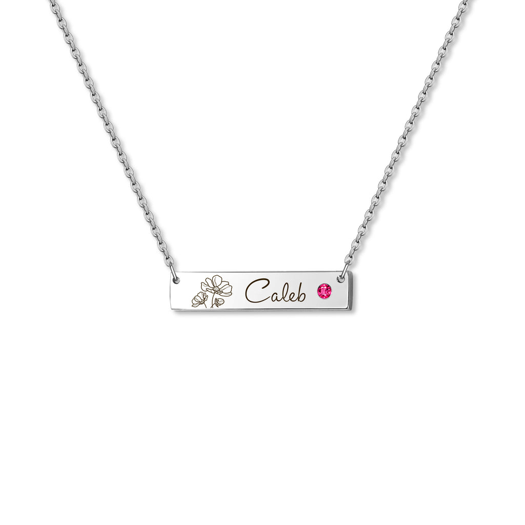 Birthstone Bar Flower and Name Necklace