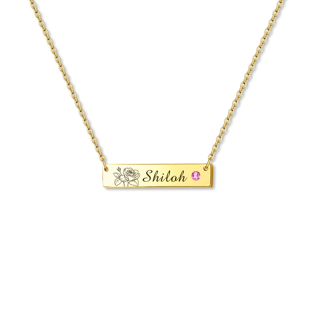 Birthstone Bar Flower and Name Necklace