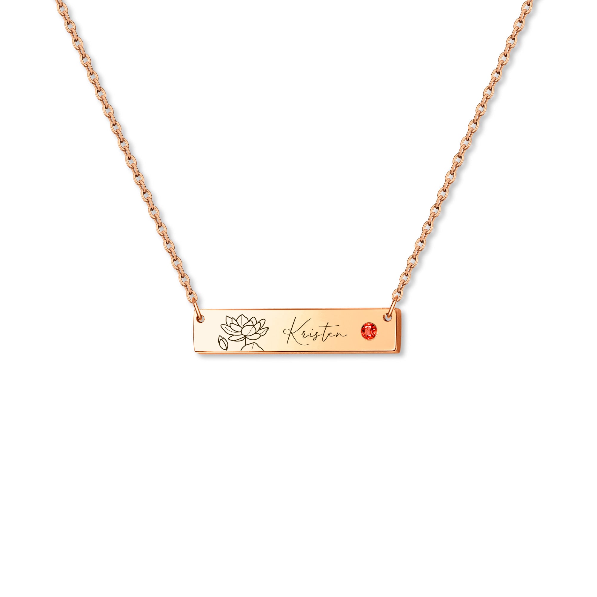 Birthstone Bar Flower and Name Necklace