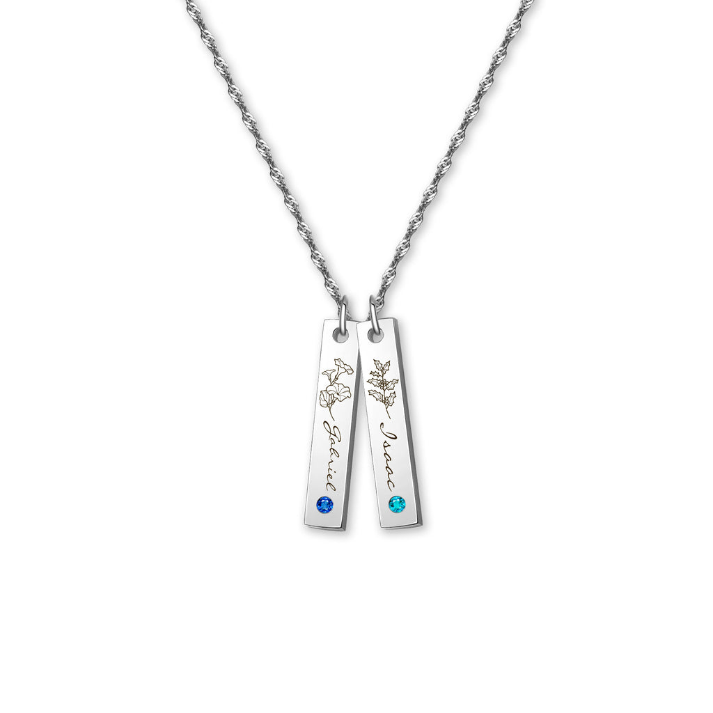 Flower and Name Vertical Bar Birthstone Necklace