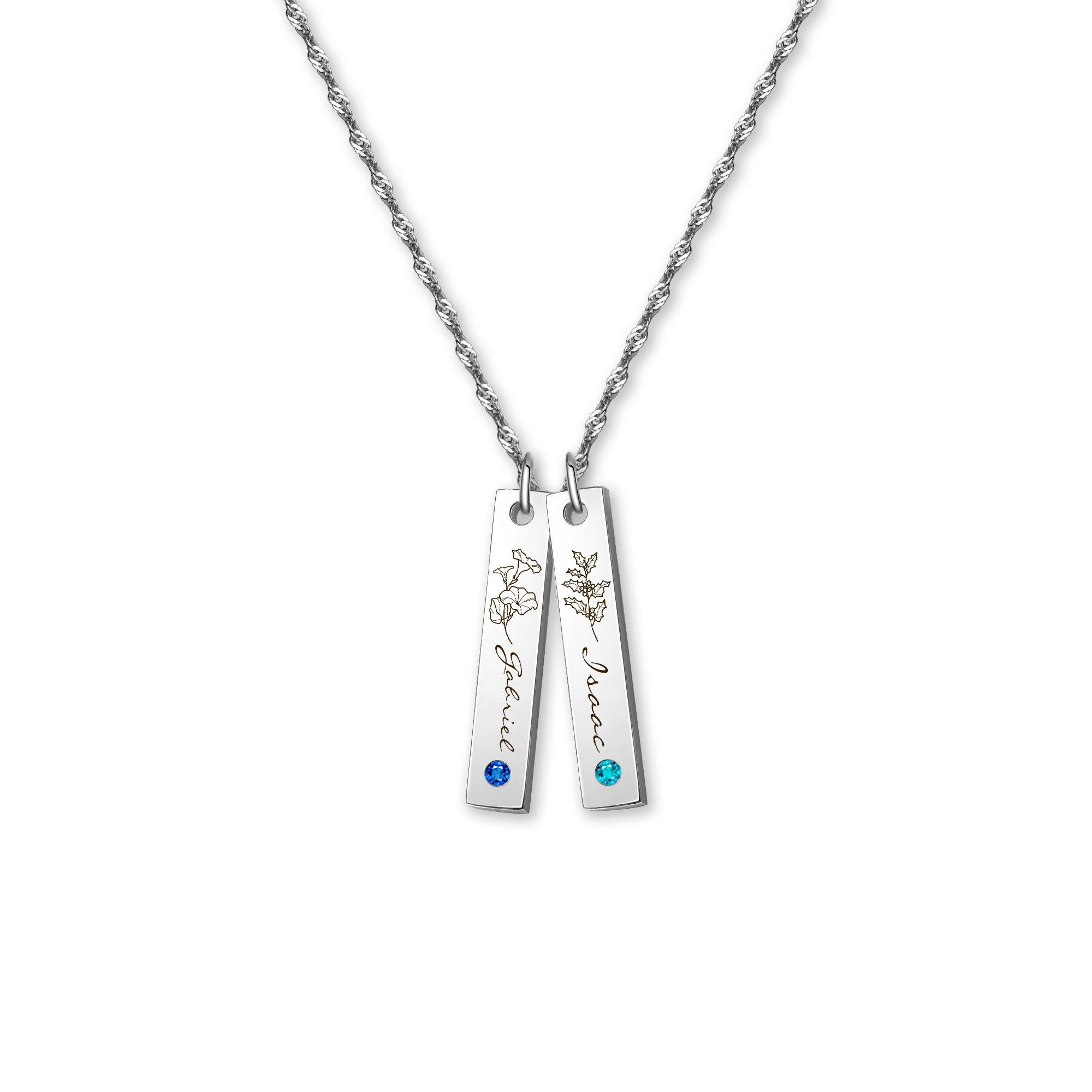 Flower and Name Vertical Bar Birthstone Necklace