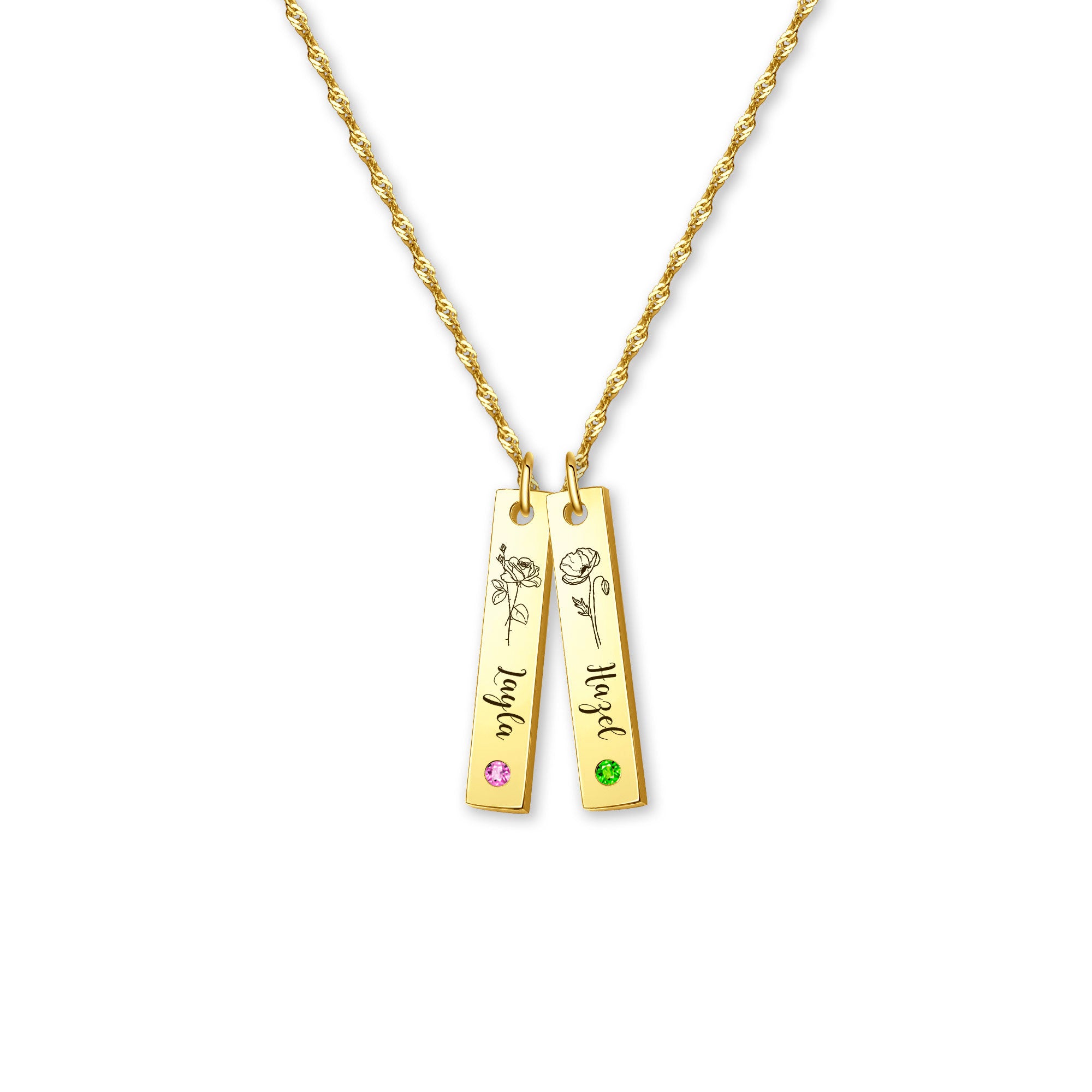 Flower and Name Vertical Bar Birthstone Necklace