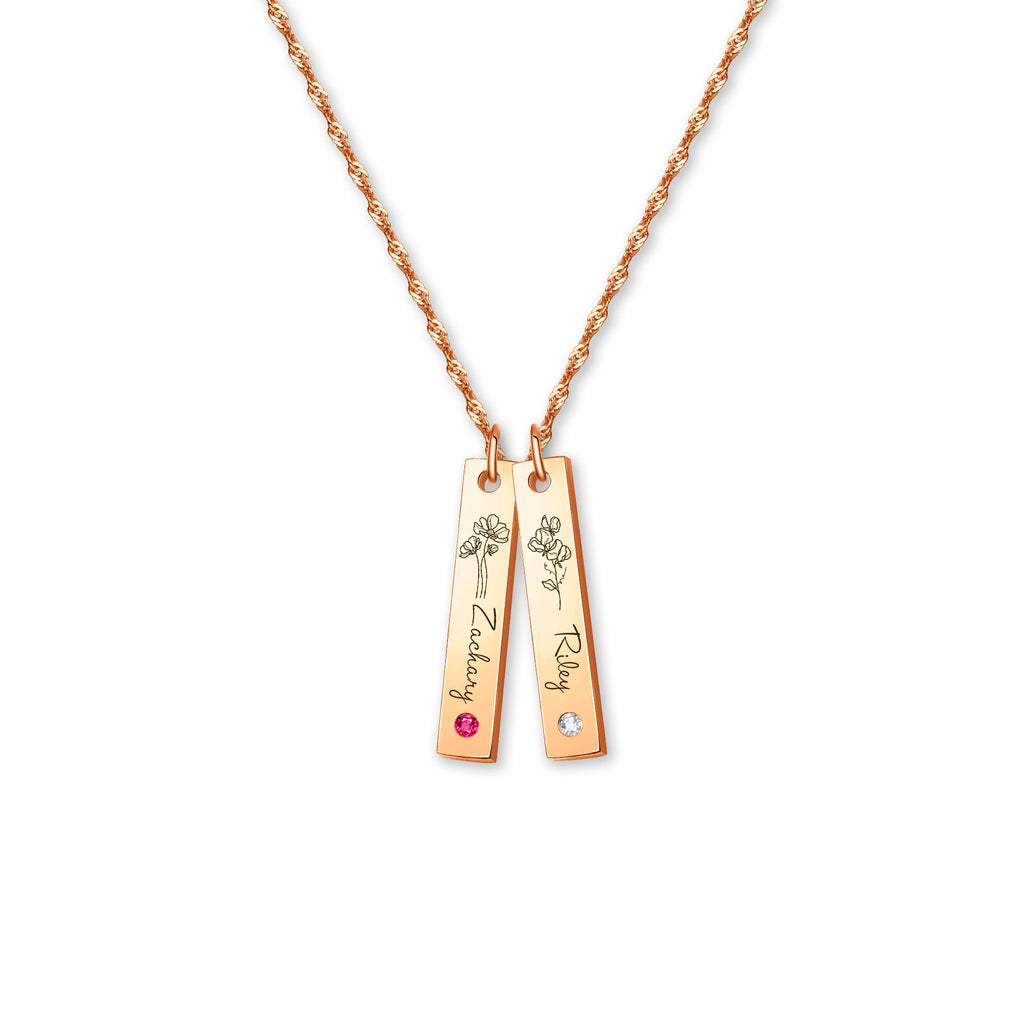 Flower and Name Vertical Bar Birthstone Necklace