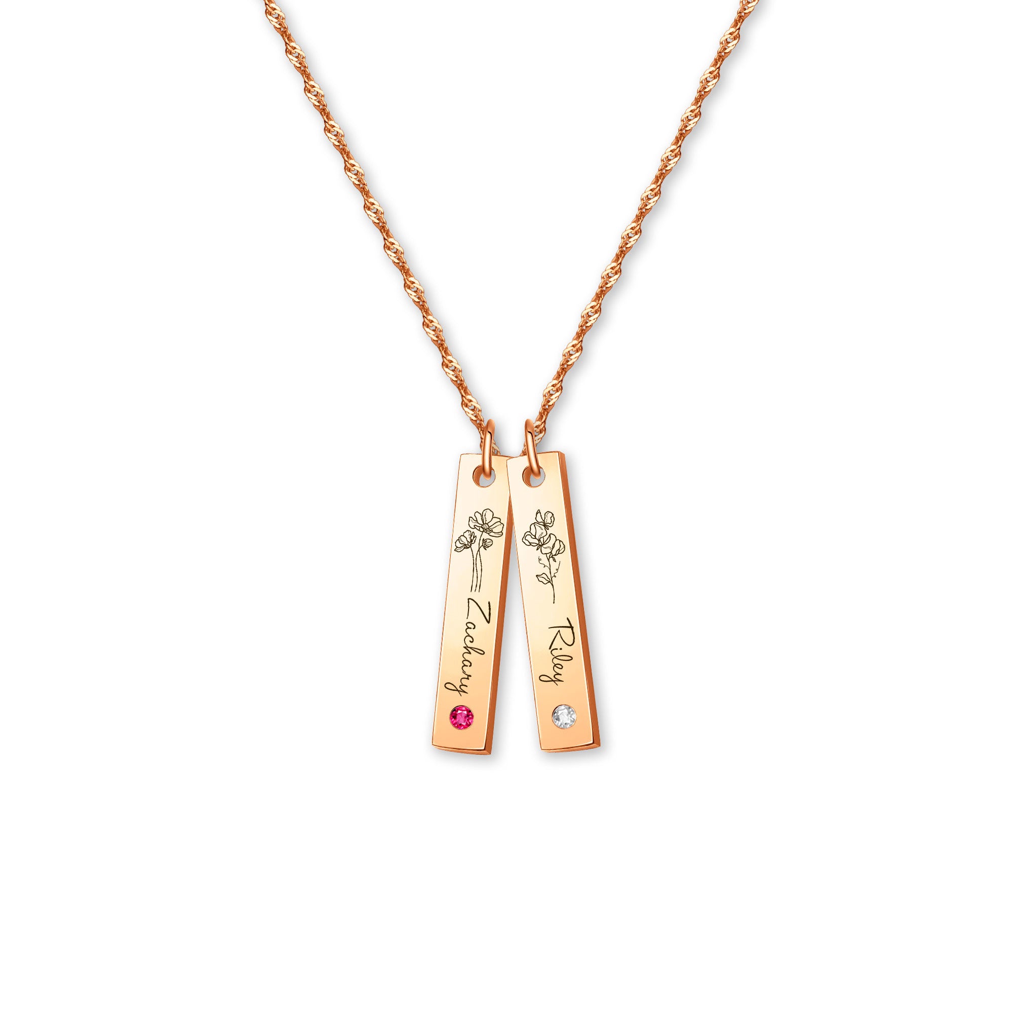 Flower and Name Vertical Bar Birthstone Necklace