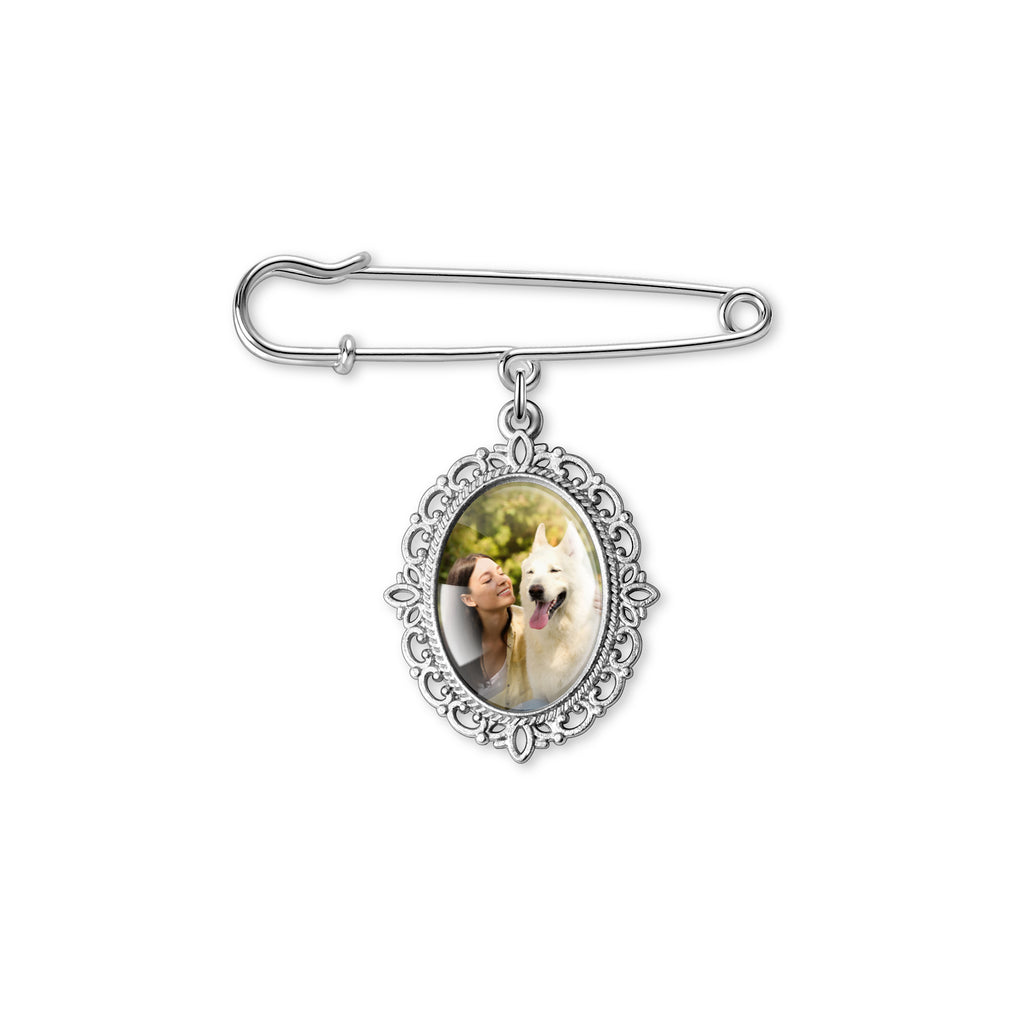 Vertical Pet Memorial Oval Photo Brooch Pin