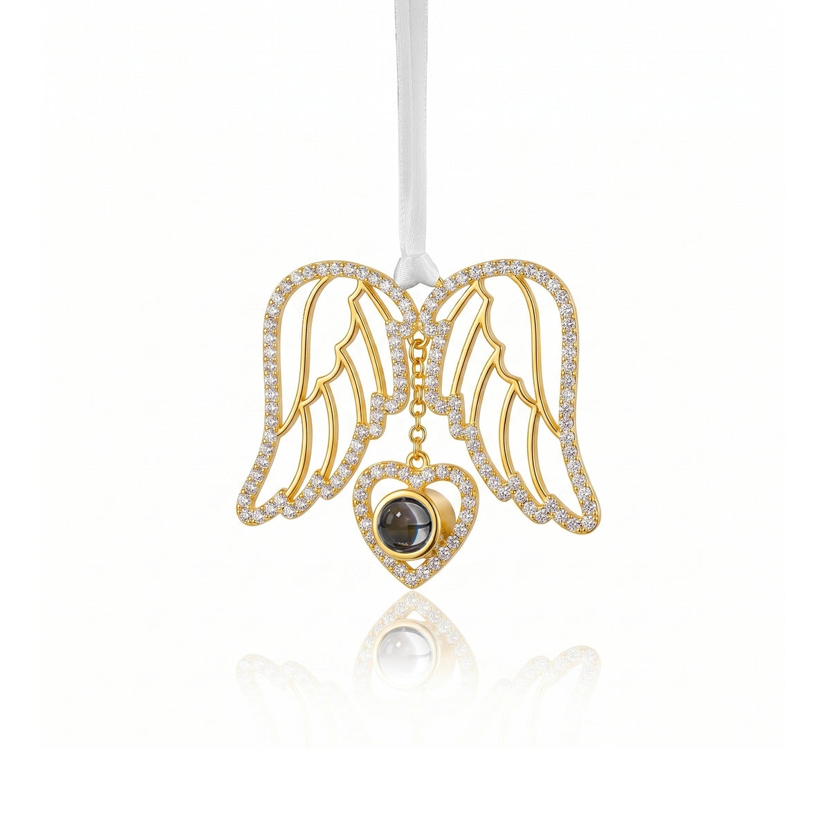Custom Rhinestone Heart Wings Photo Projection Memorial Ornament