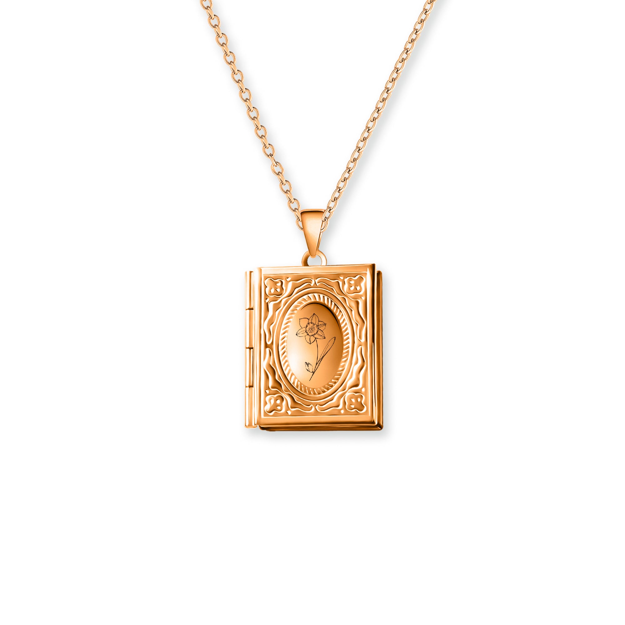 Birth Flower 18K Gold Vintage Square Locket Necklace