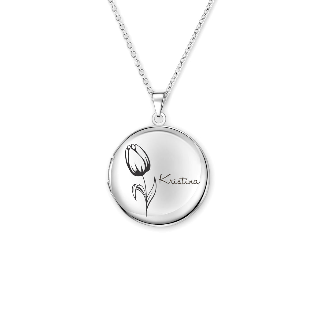 Custom Birth Flower and Name Photo Locket Necklace