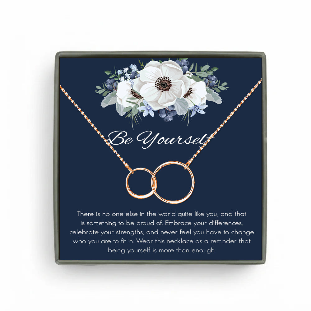 Custom Interlocking Rings Necklace with Blue Floral Card Necklace