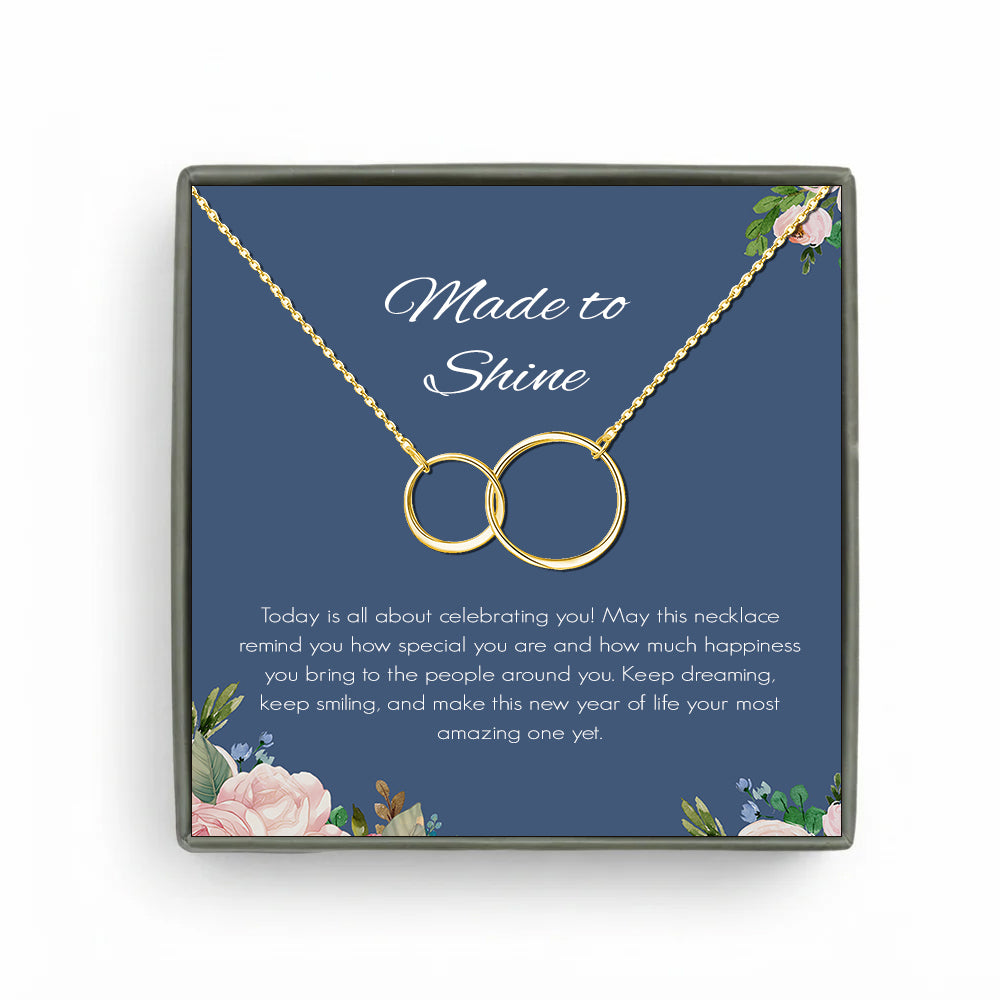Custom Interlocking Rings Necklace with Blue Floral Card Necklace