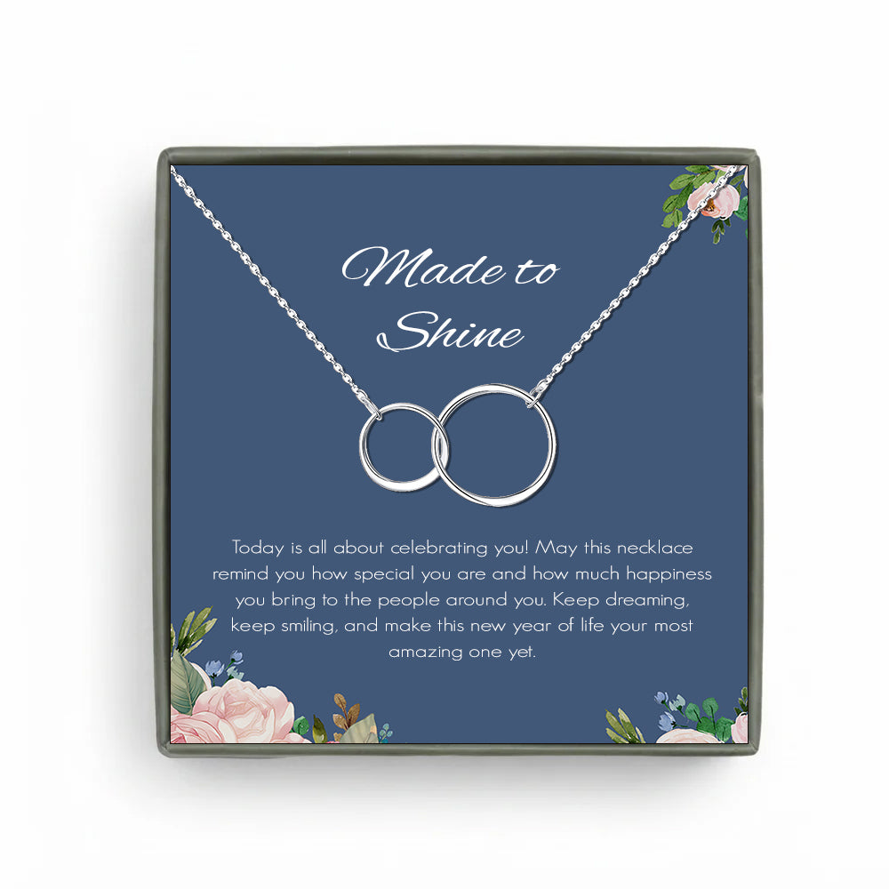 Custom Interlocking Rings Necklace with Blue Floral Card Necklace