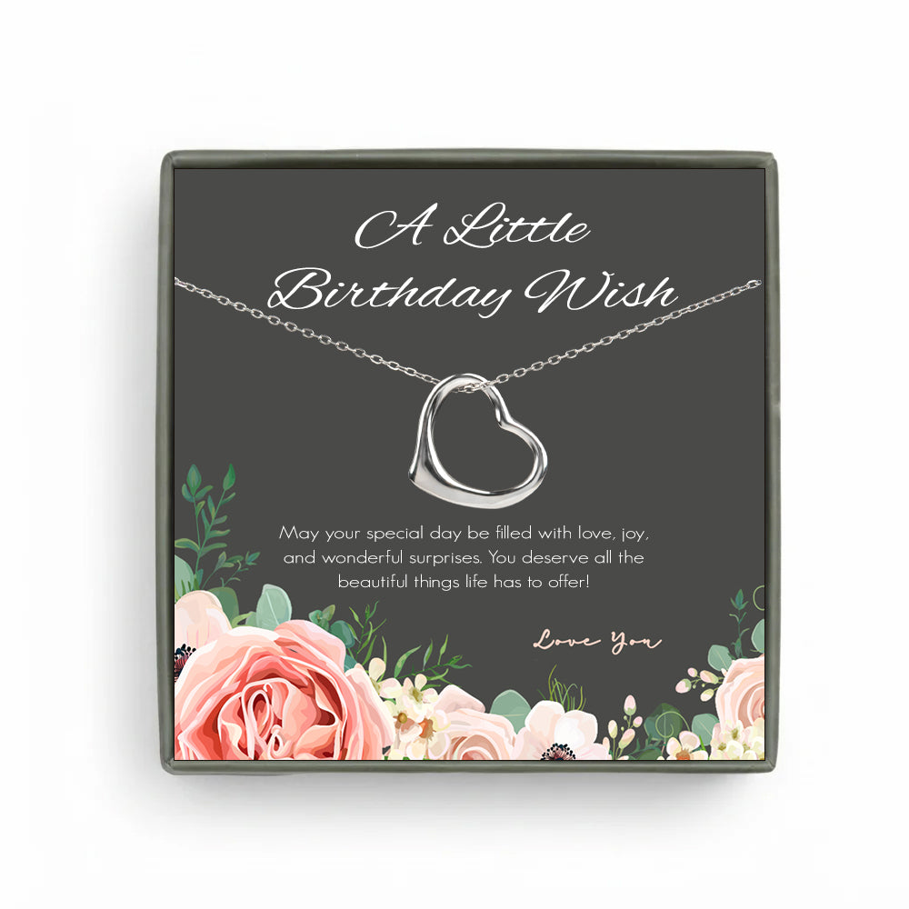 Custom Dangling Heart Necklace with Grey Floral Card Necklace