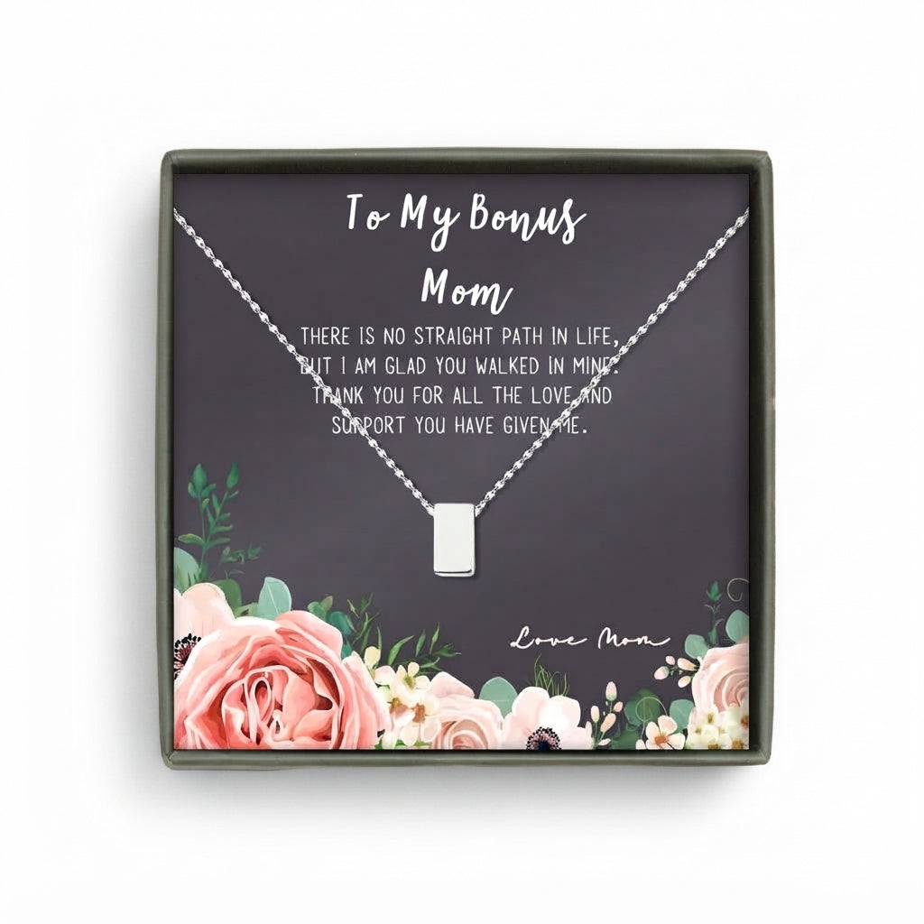 "To my Bonus Mom" Card and Cube Necklace