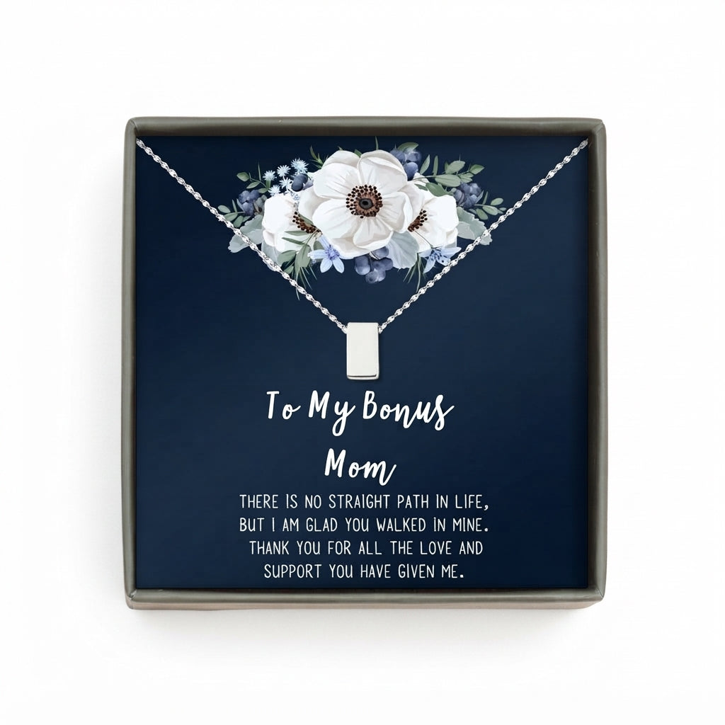 "To my Bonus Mom" Card and Cube Necklace