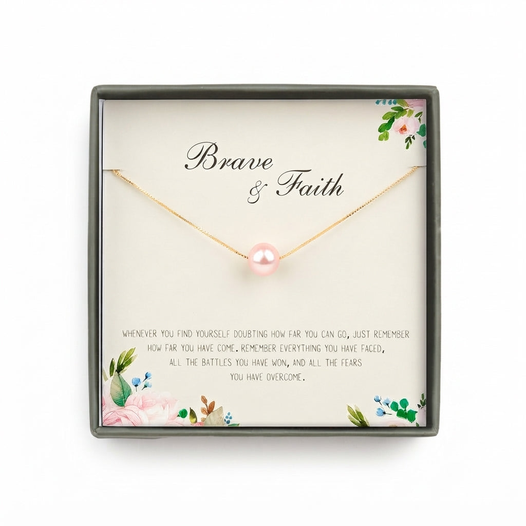 "Brave and Faith" Pearl Motivational Necklace