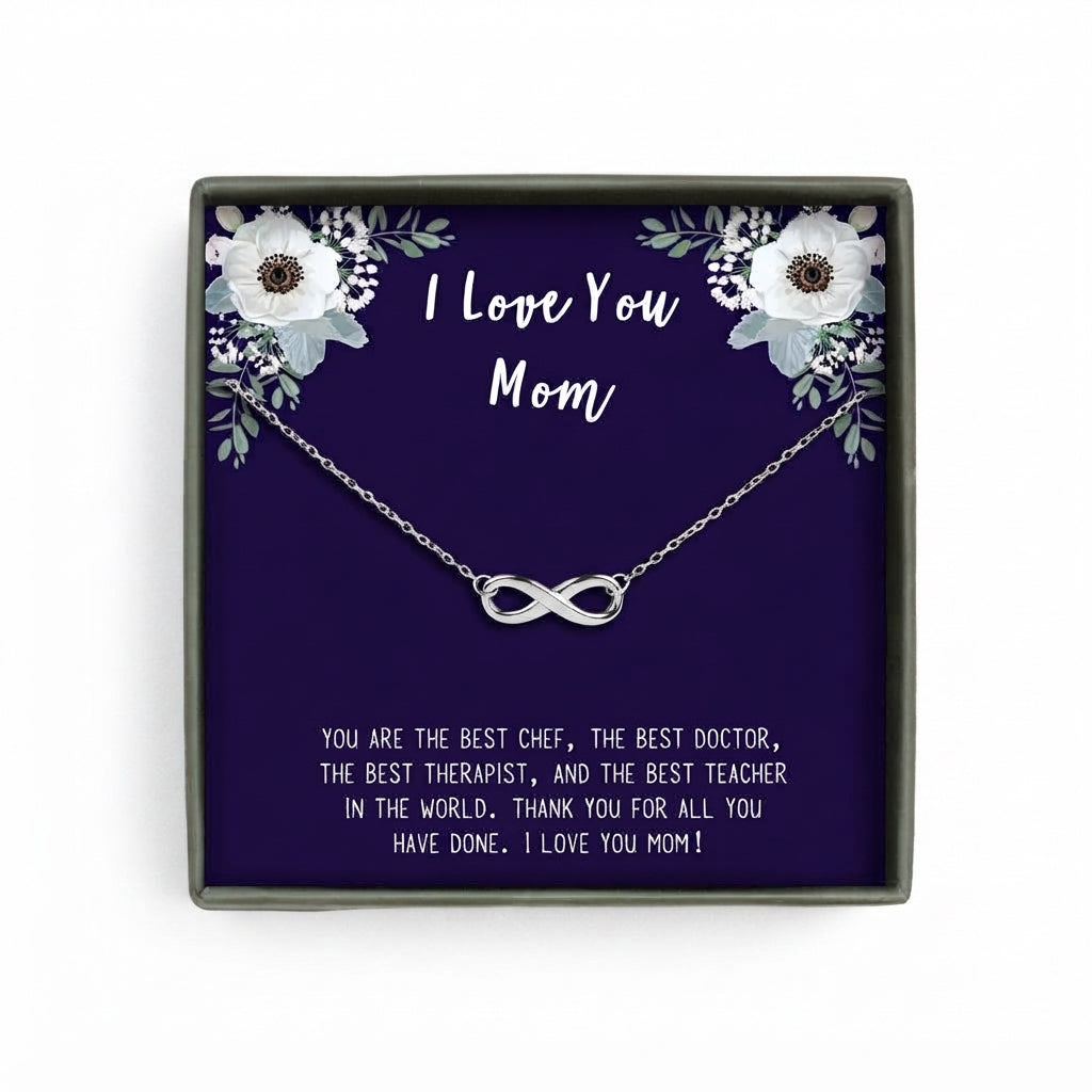 "I Love You Mom" Card and Sterling Silver Infinity Pendant Necklace