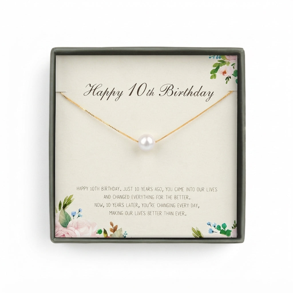 "Happy 10th Birthday" Card and Pearl Necklace