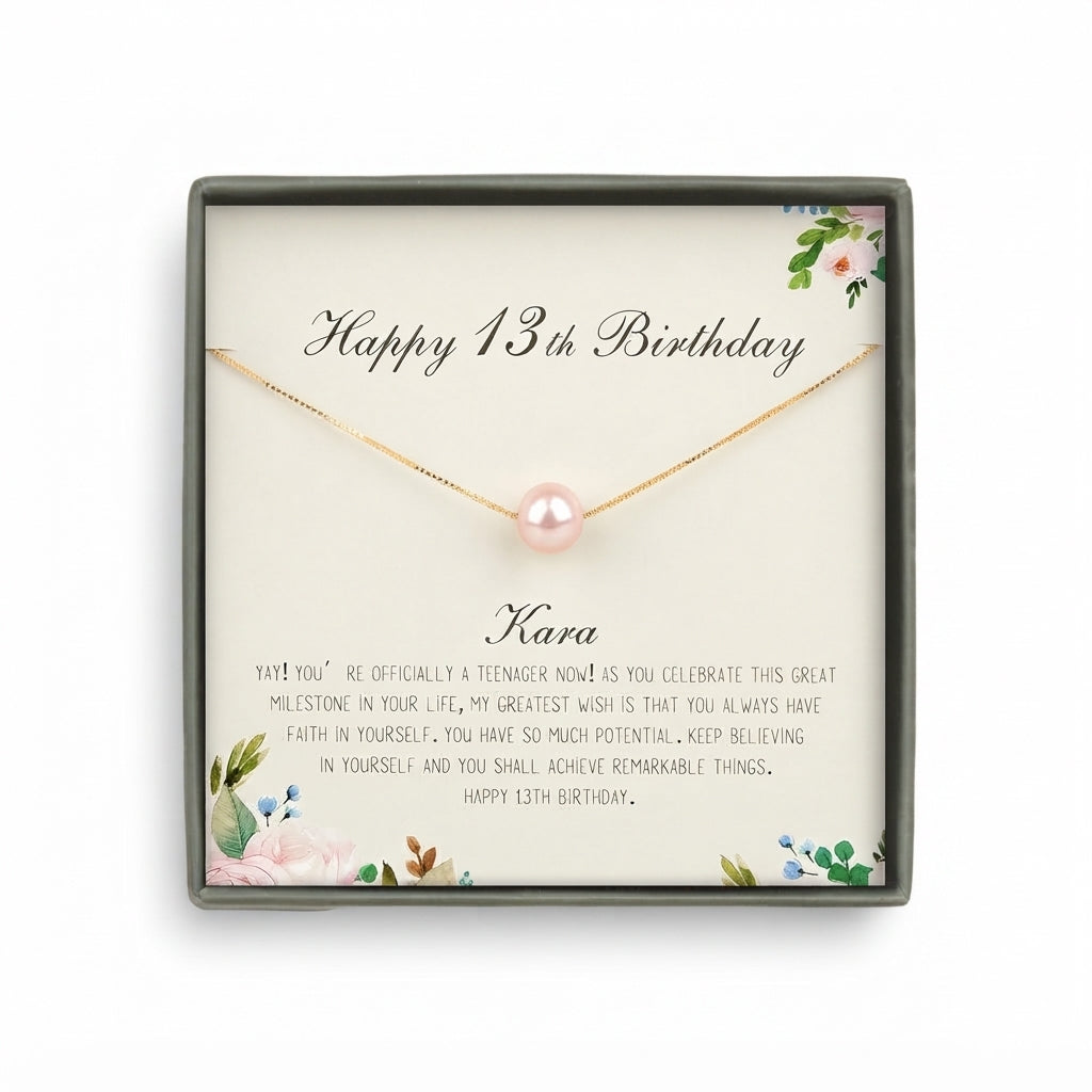 "Happy 13th Birthday" Card and Pearl Necklace