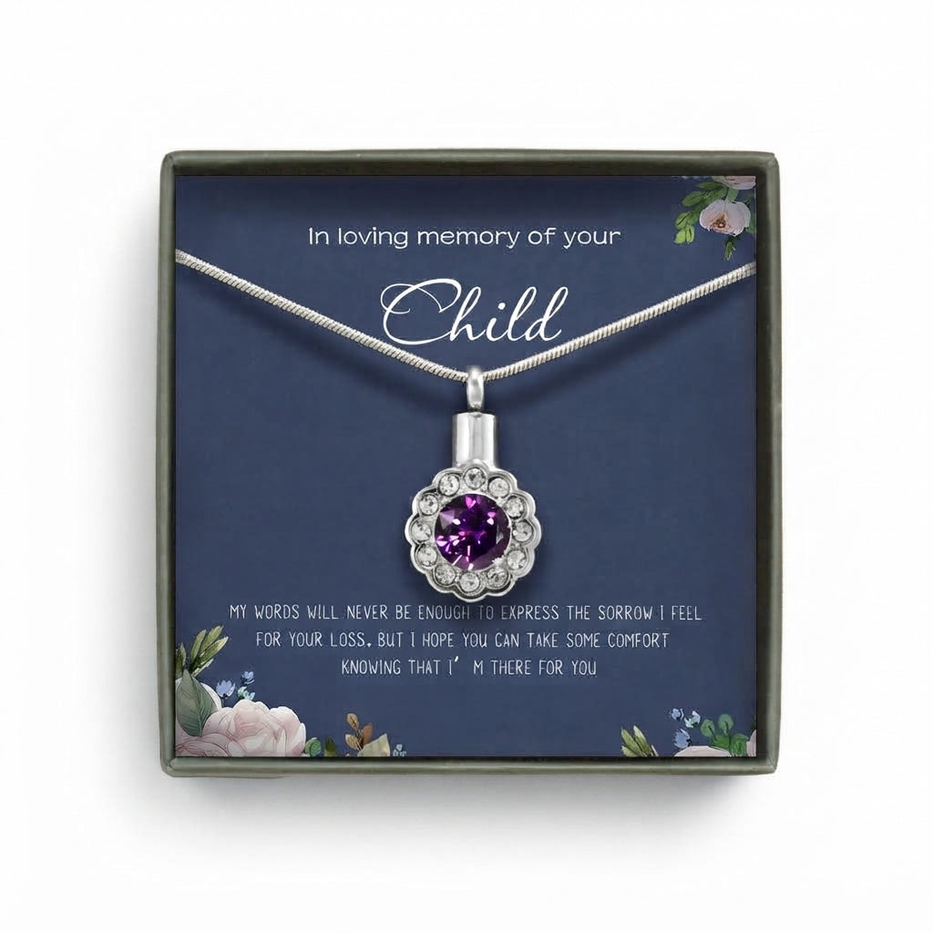 "In Loving Memory of Your Child" Card and  Purple Crystal Flower Memorial Necklace