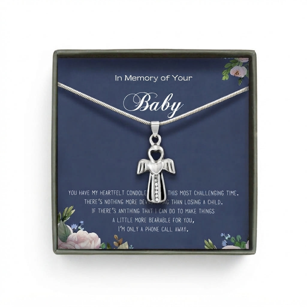 "In Memory of Your Baby" Card and Angel Wing Memorial Necklace