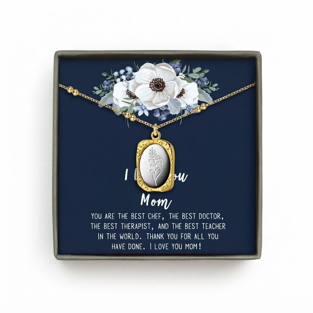 "I Love You Mom" Vintage Mirror Birth Flower Necklace