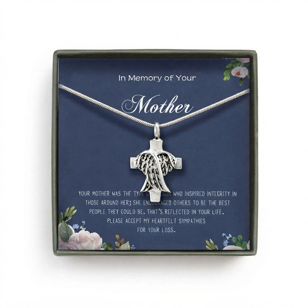 "In Memory of Your Mother" Card and Angel Cross Memorial Necklace