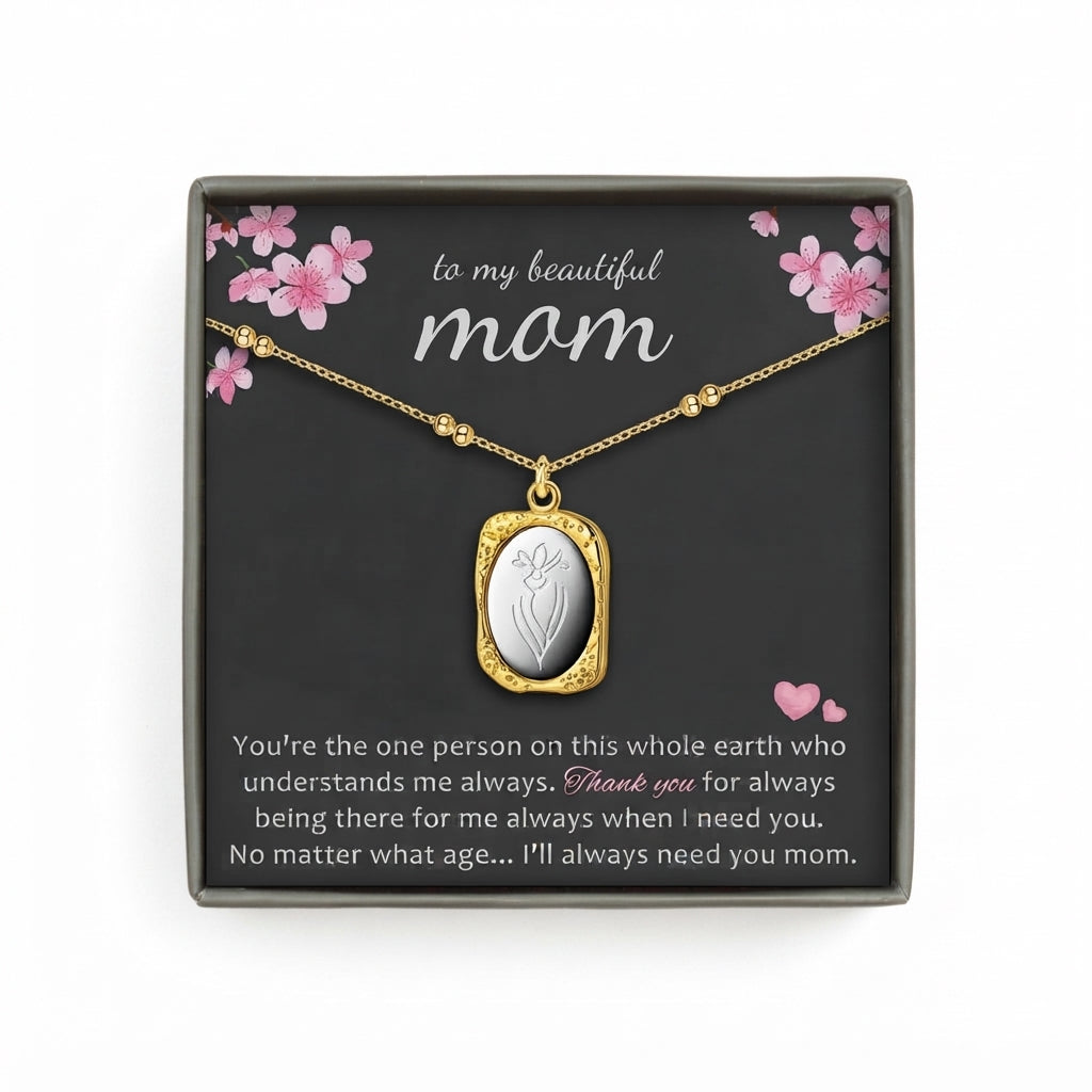 "To my Beautiful Mother" Vintage Mirror Birth Flower Necklace
