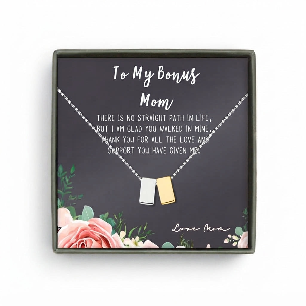 To My Bonus Mom Card and Cube Necklace