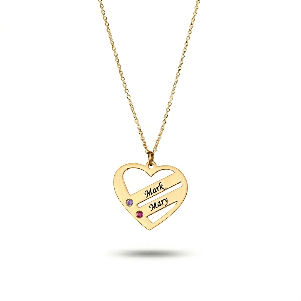 2 Name Birthstone Heart Necklace