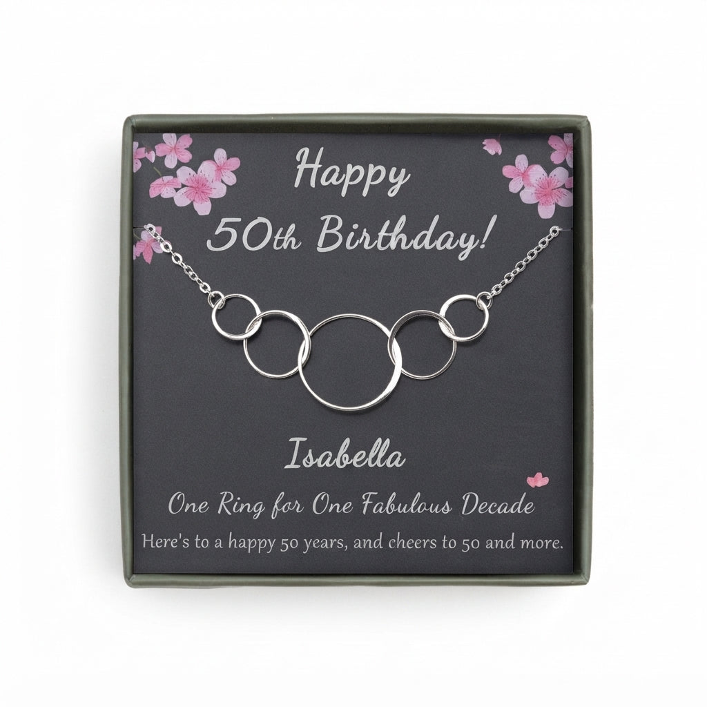 "Happy 50th Birthday" Card and Interlocking Ring Necklace