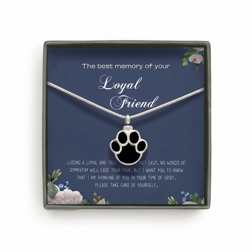 "The best memory of your Loyal Friend" Card and Dog Paw Memorial Necklace