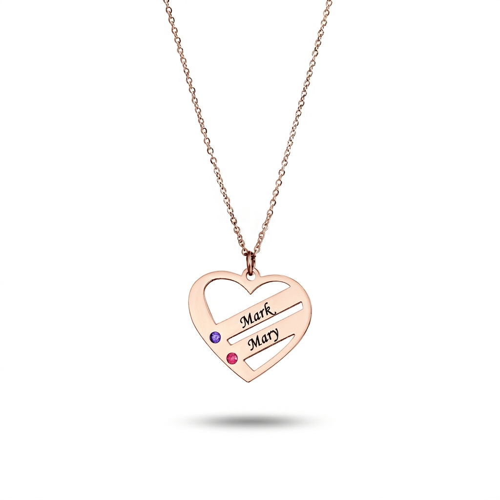 2 Name Birthstone Heart Necklace