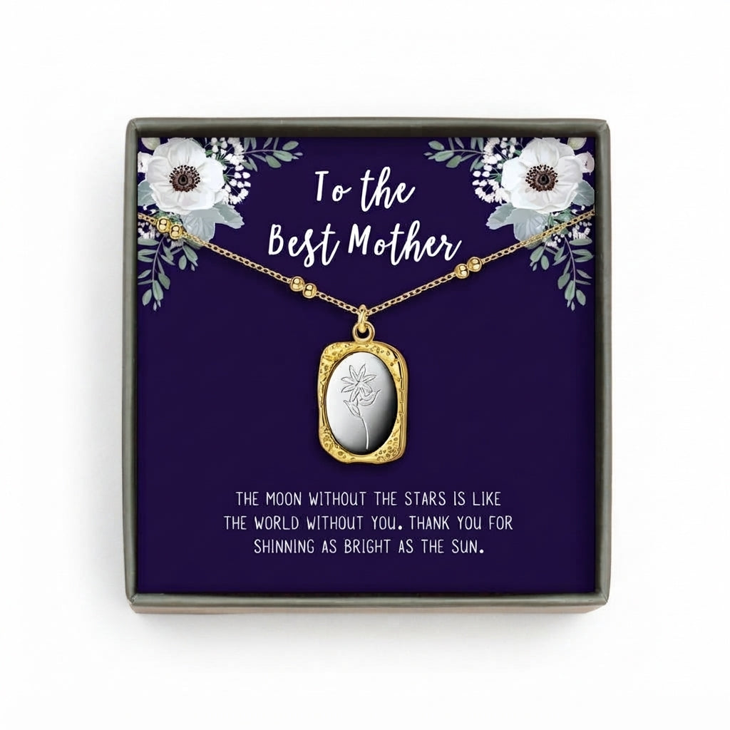 "To the Best Mother" Vintage Mirror Birth Flower Necklace