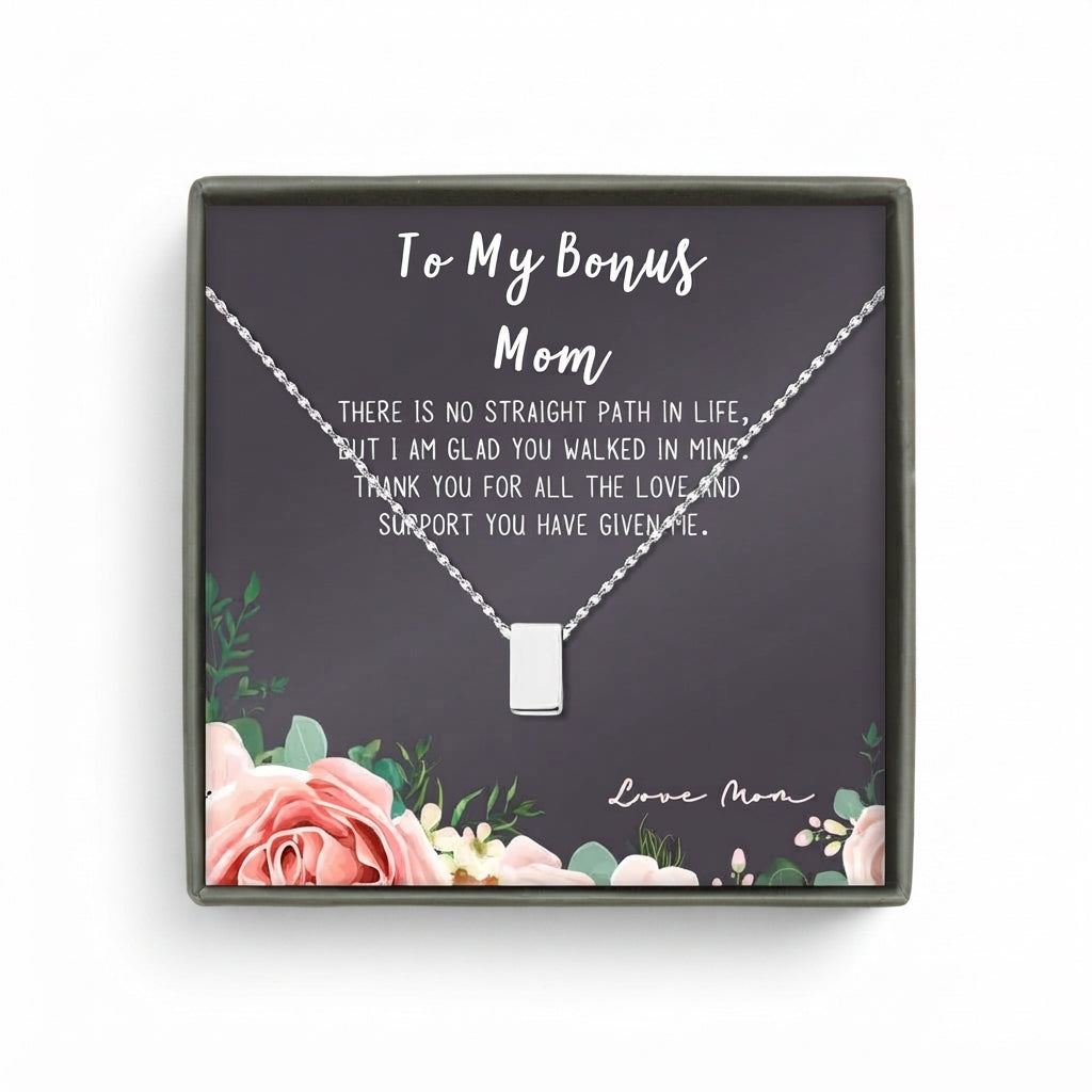"To My Bonus Mom" Card and Cube Necklace