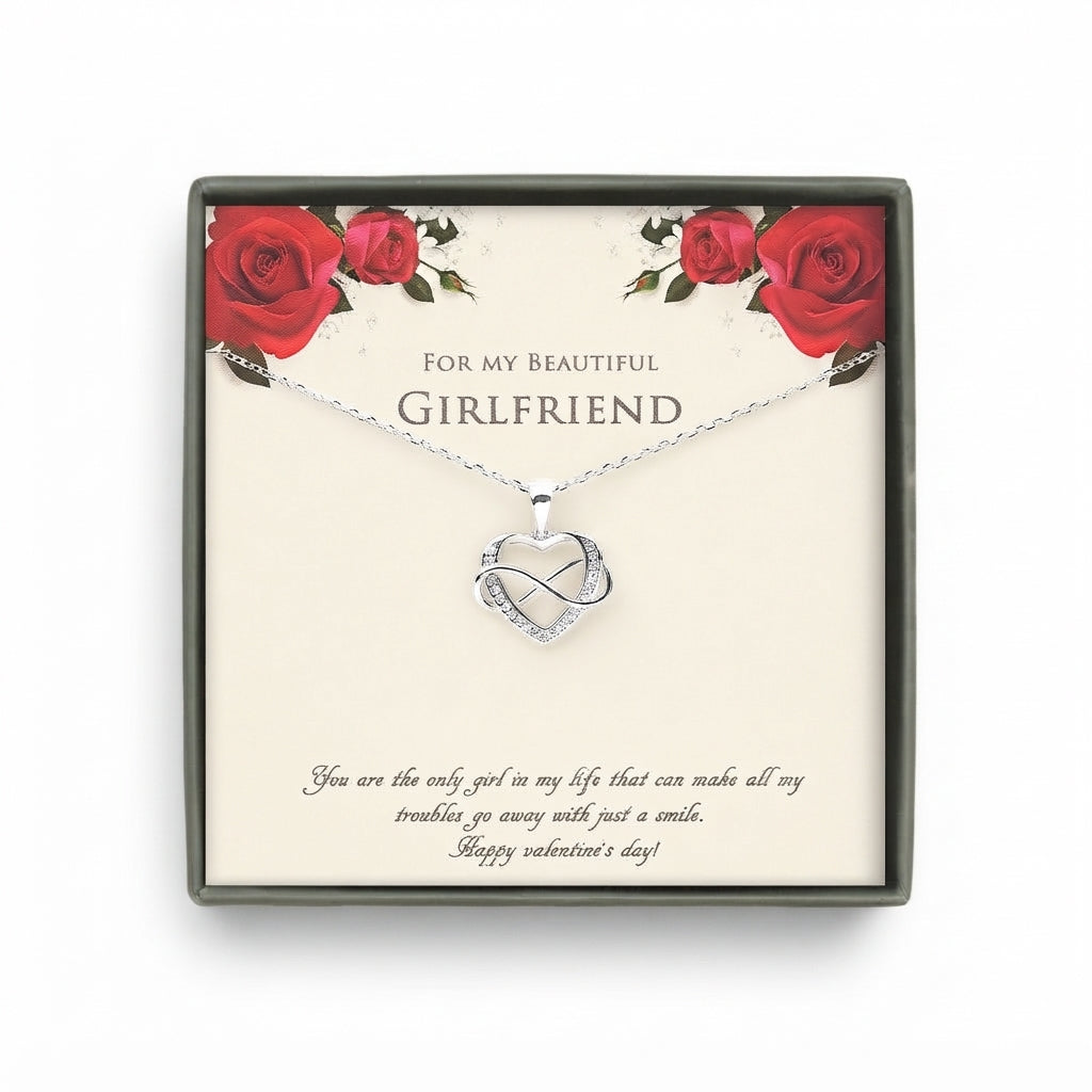 "For My Beautiful Girlfriend" Infinity Heart Valentine's Day Card Necklace