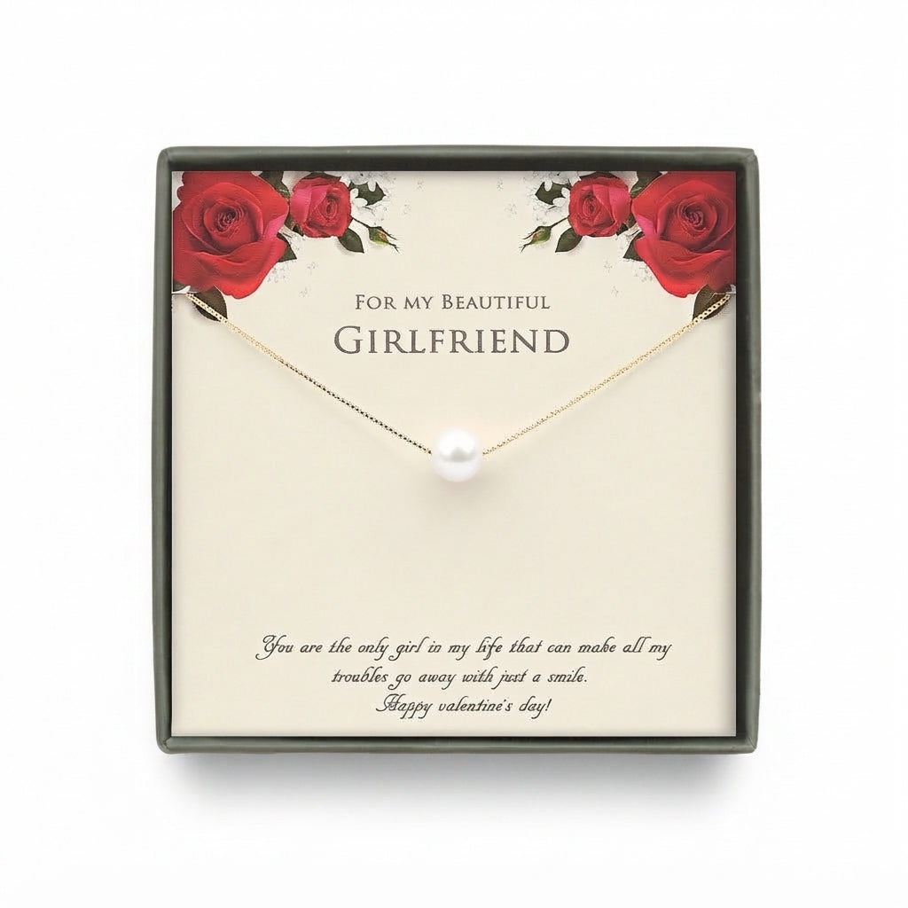 "For My Beautiful Girlfriend" Valentine's Card and Pearl Necklace