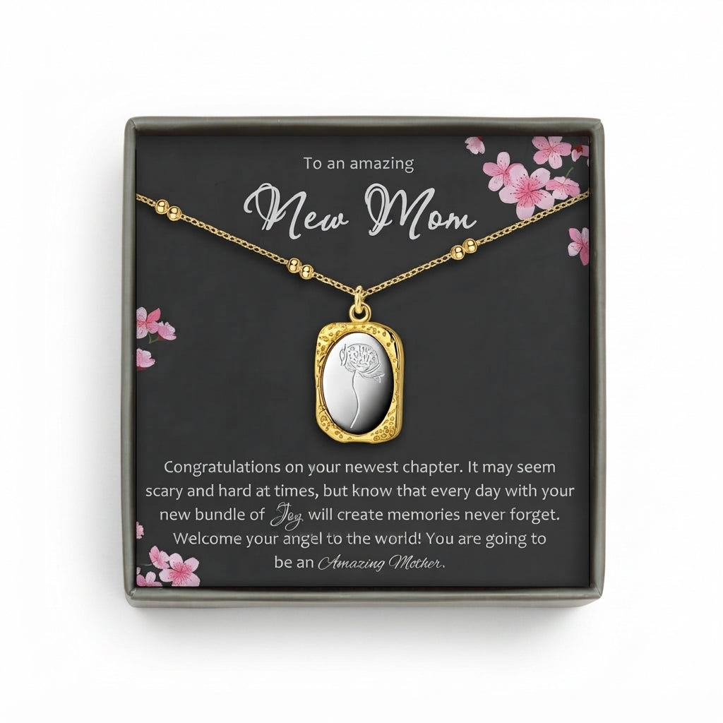 "To an Amazing New Mom" Vintage Mirror Birth Flower Necklace