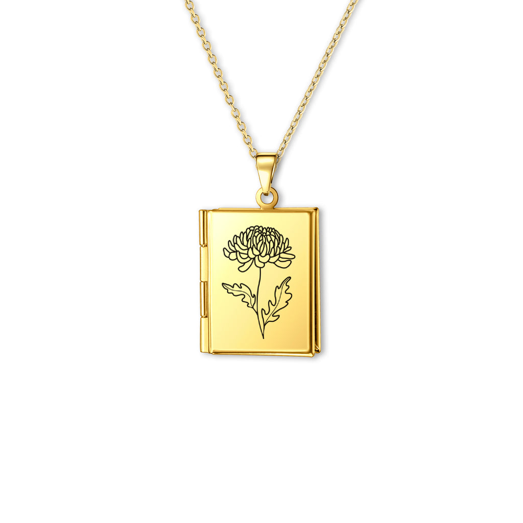 Square Birth Flower Photo Locket Necklace