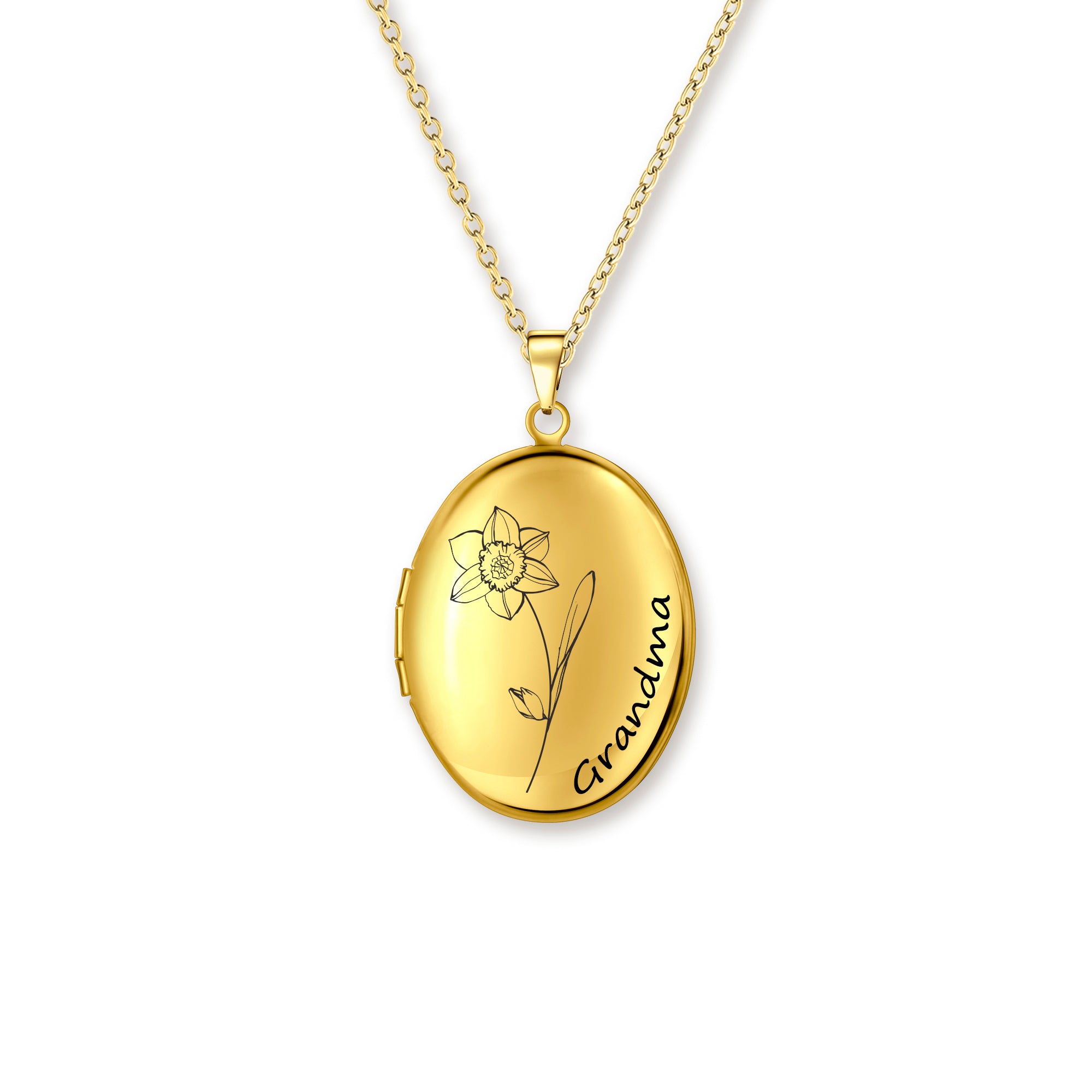 Oval Birth Flower and Name Photo Locket Necklace
