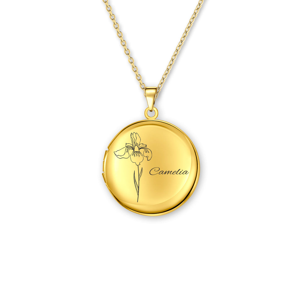 Custom Birth Flower and Name Photo Locket Necklace