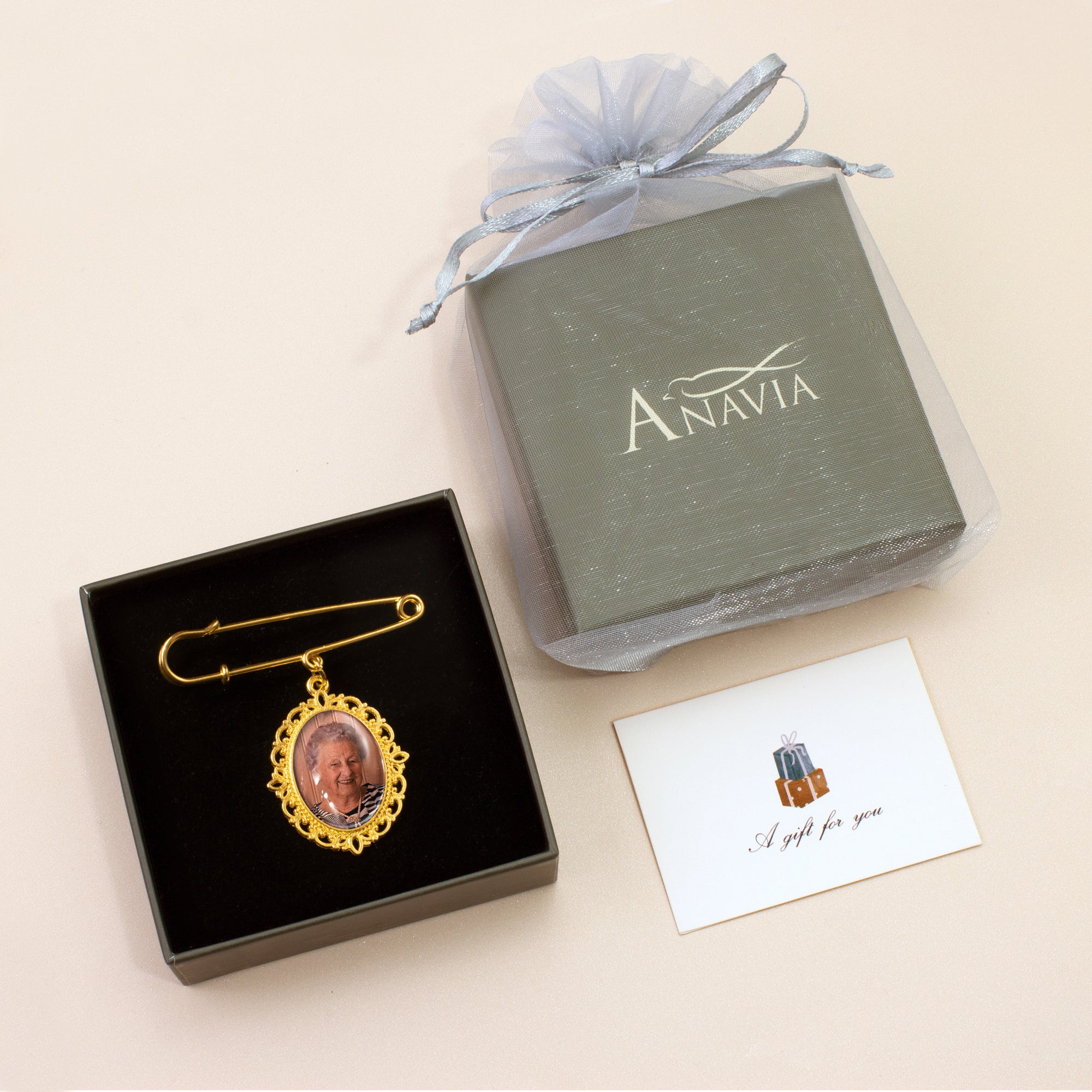 Vertical Graduation Oval Photo Brooch Pin