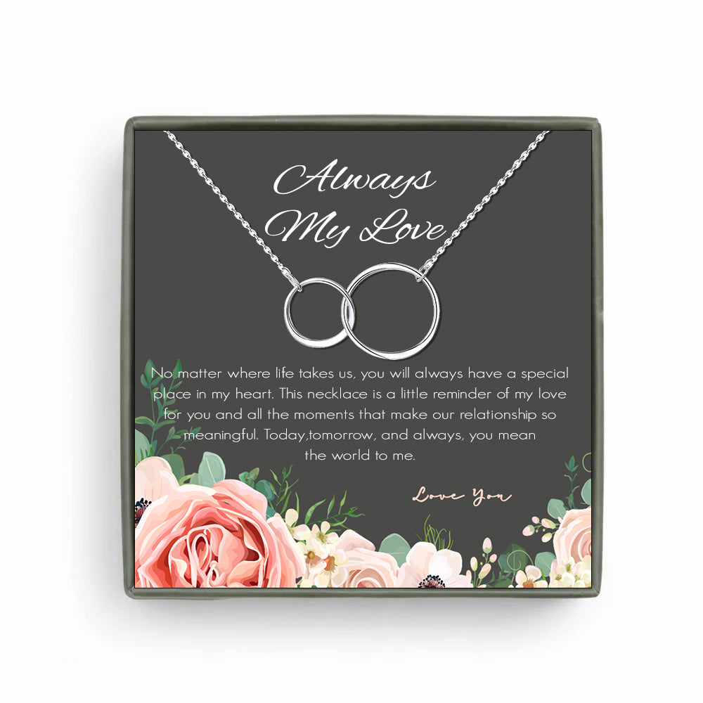 Custom Interlocking Rings Necklace with Grey Floral Card Necklace