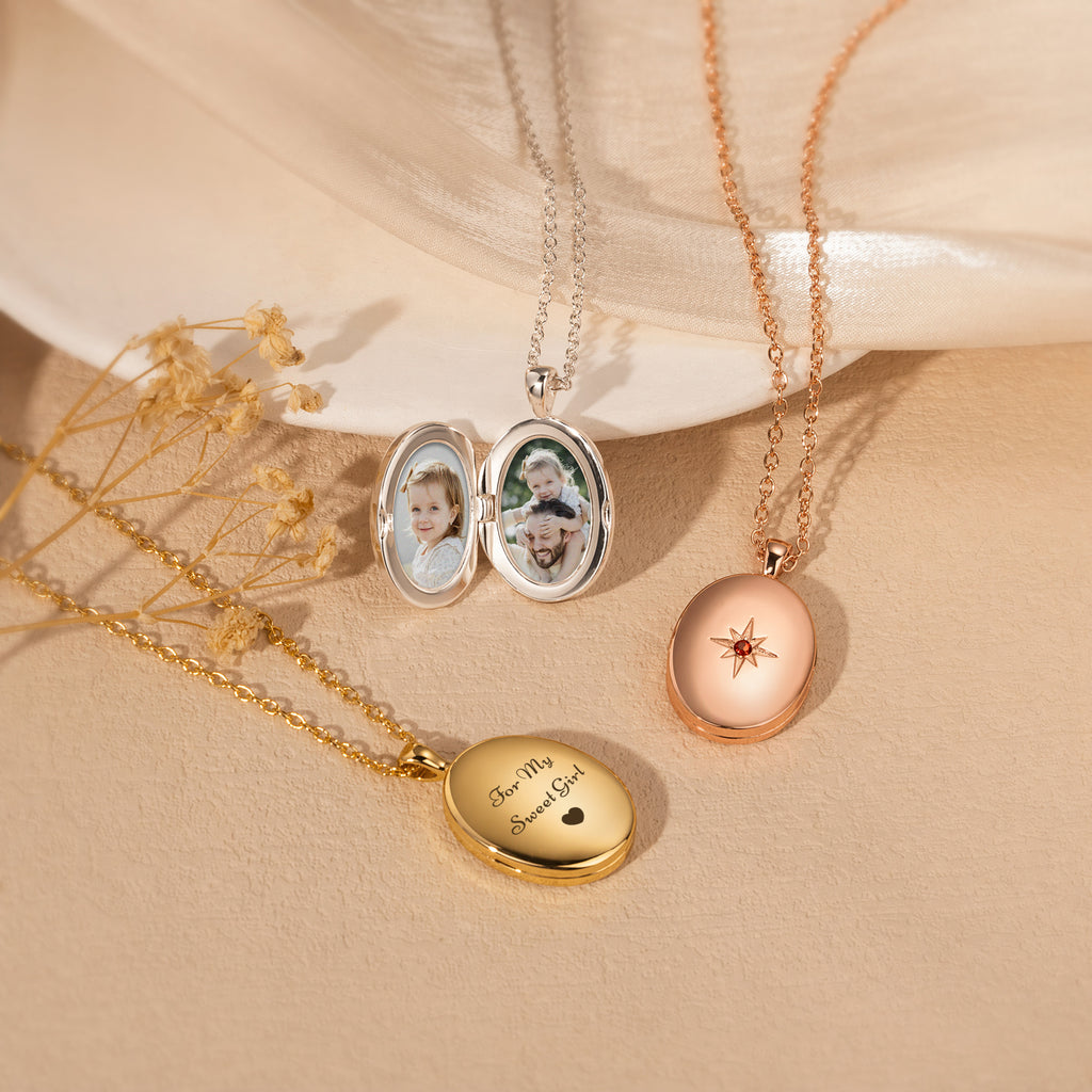 Oval Birthstone Photo Locket Necklace
