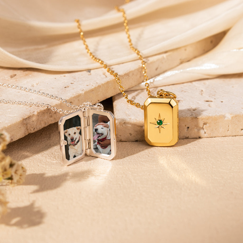 Square Birthstone Pet Photo Locket Necklace