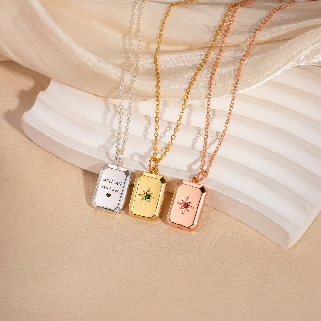 Square Birthstone Photo Locket Necklace