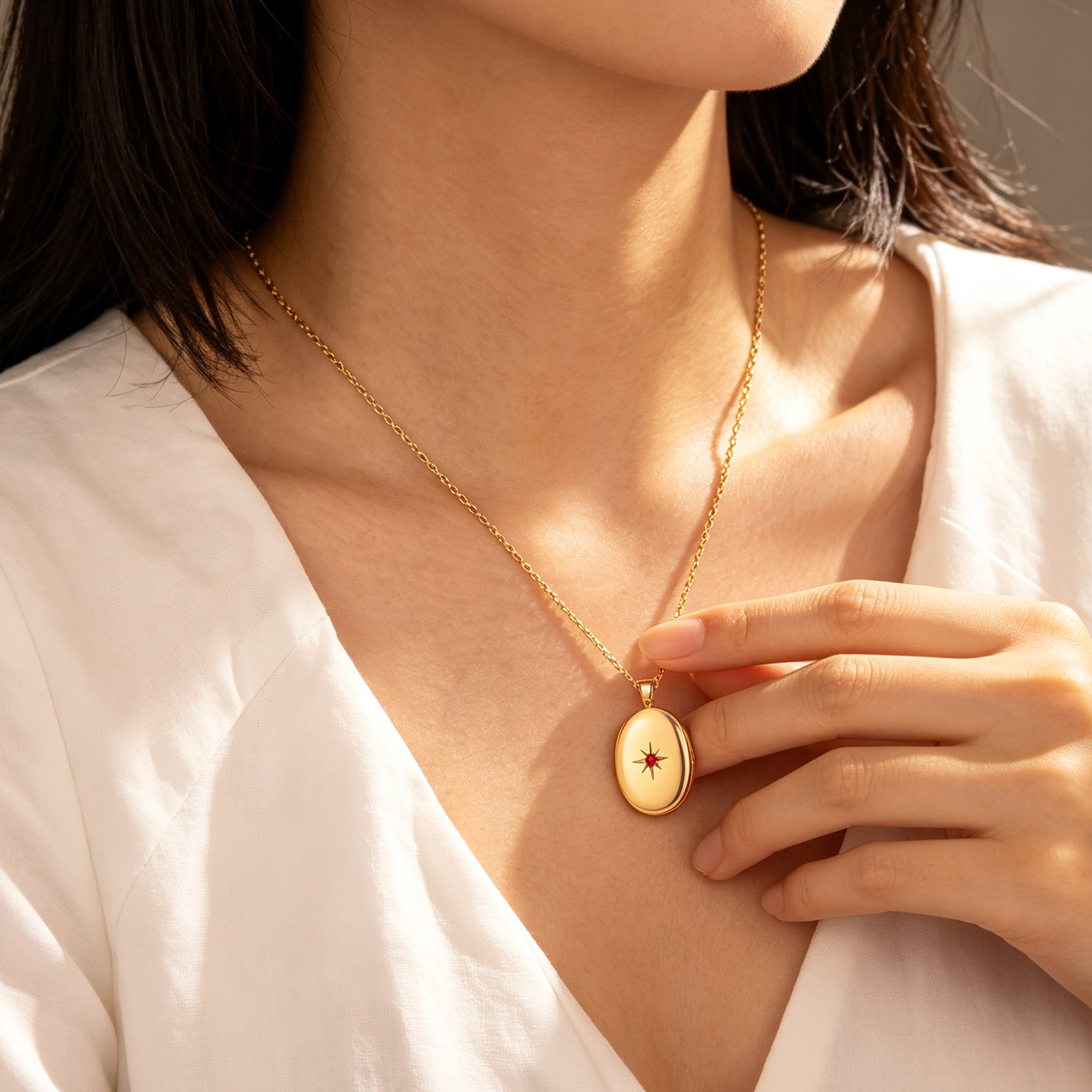 Oval Birthstone Photo Locket Necklace