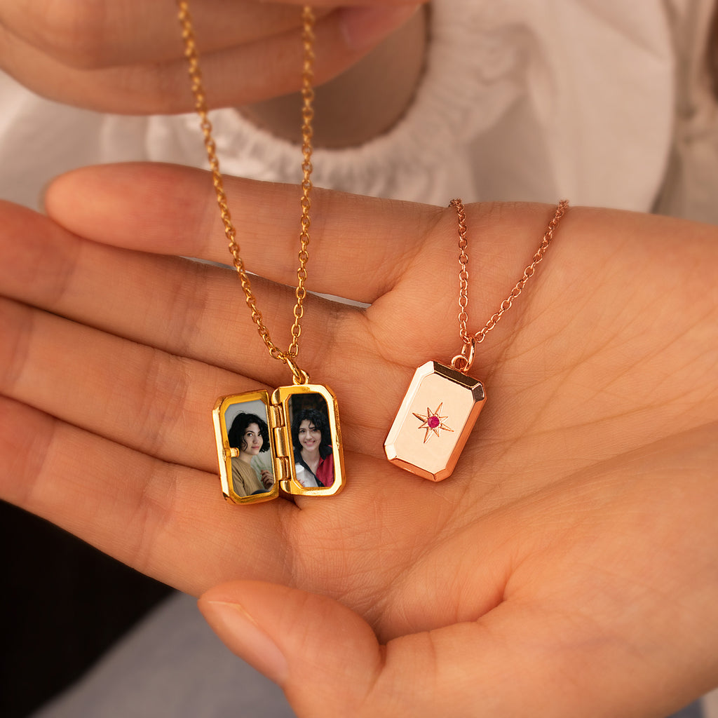 Square Birthstone Photo Locket Necklace