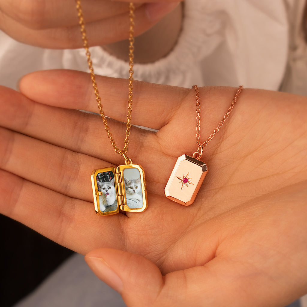 Square Birthstone Pet Photo Locket Necklace