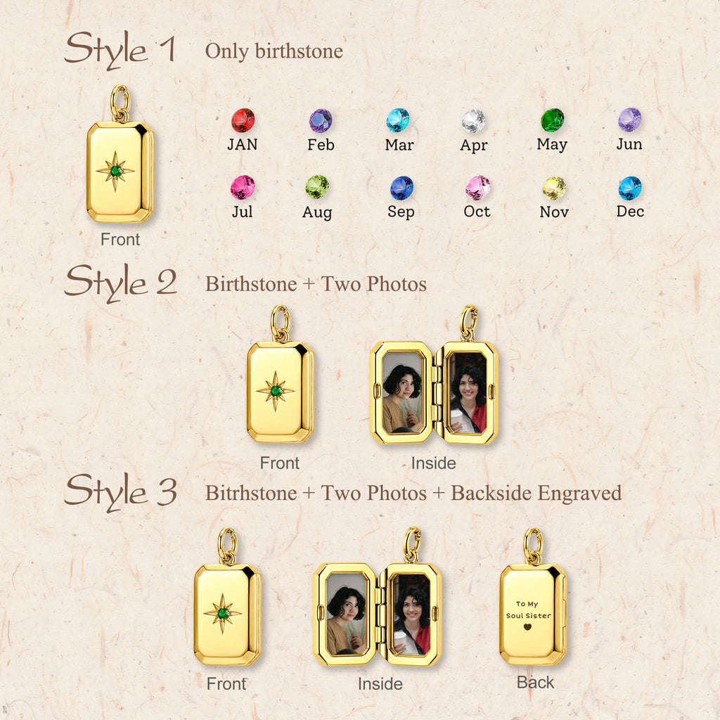 Square Birthstone Photo Locket Necklace